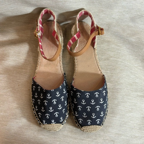 SPERRY Sz 9.5 Canvas Ankle Closure Espadrilles Anchor Pattern Nautical Sandals - Picture 3 of 8